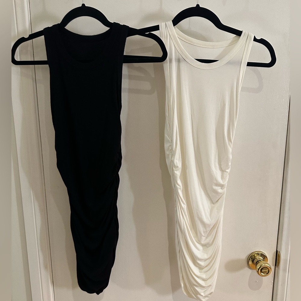 Black and white ribbed ruched high neck breathable comfortable summer dress